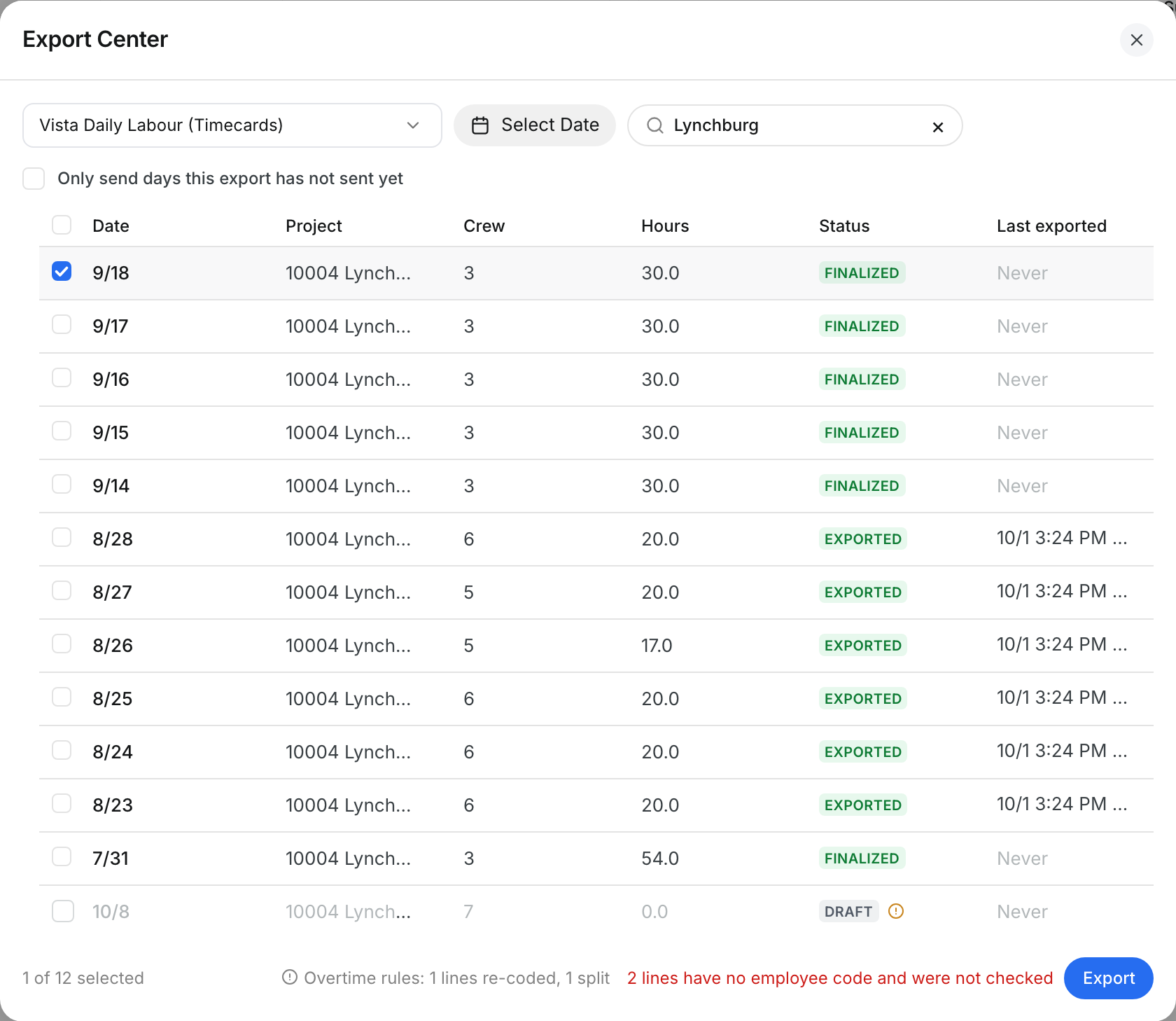 The Export Center with one daily selected and the overtime rules summary at the bottom