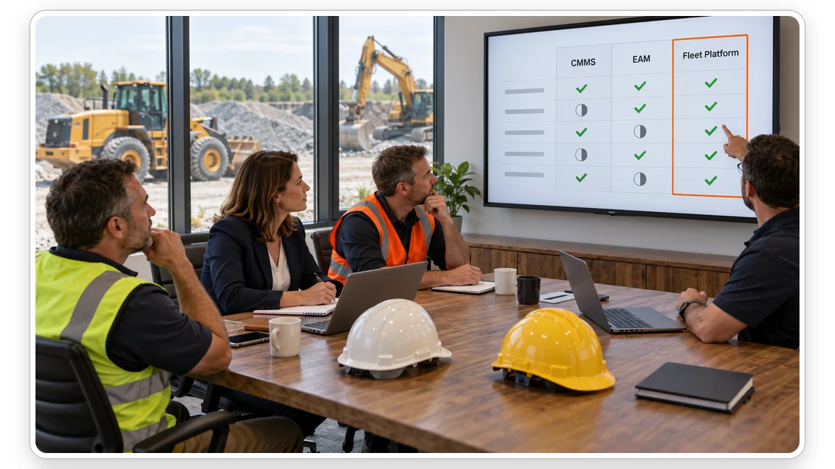 Contractor team comparing CMMS, EAM and fleet platform options on a meeting room screen