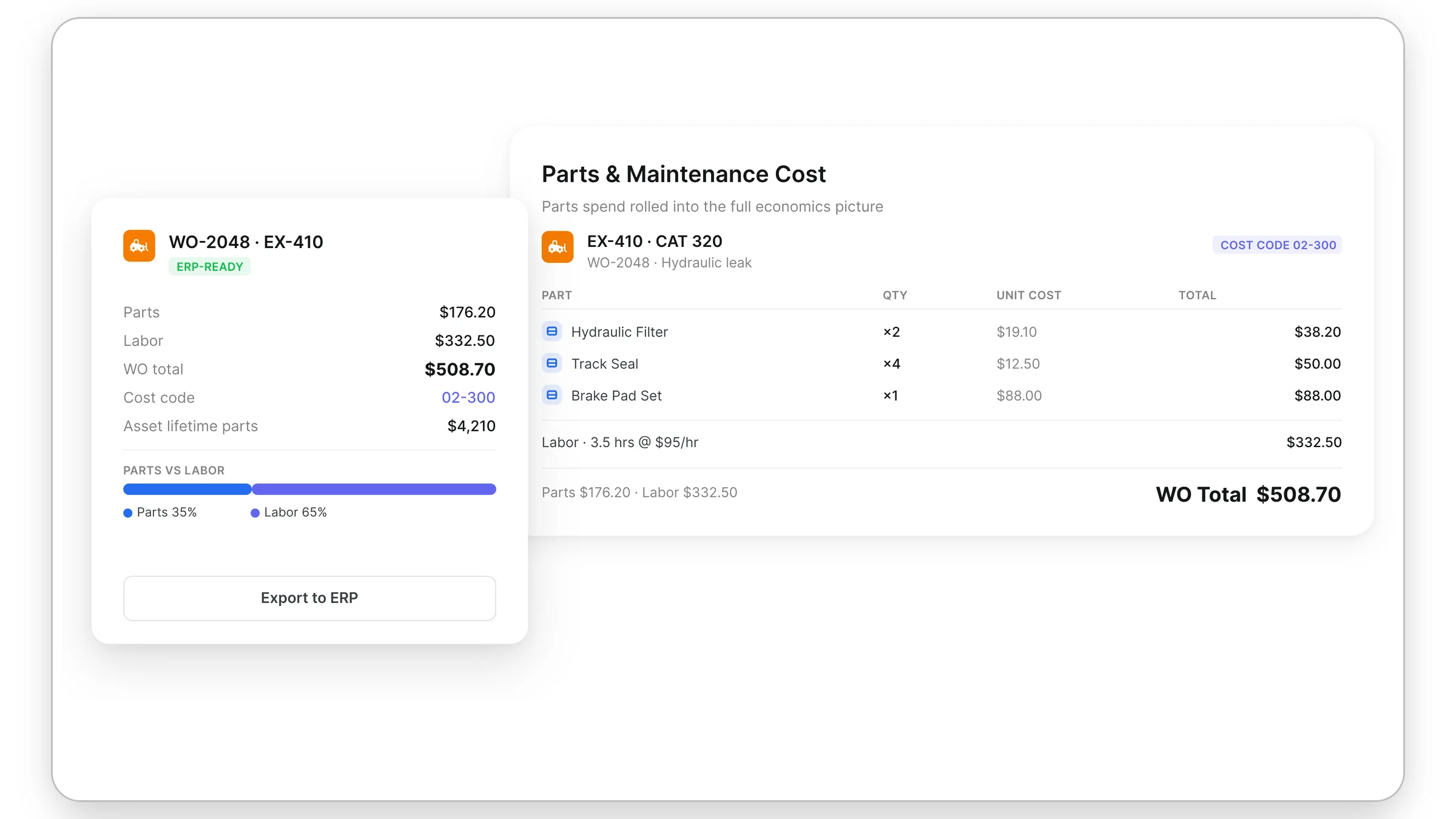 Clue work order showing parts and labor cost with a cost code and export to ERP