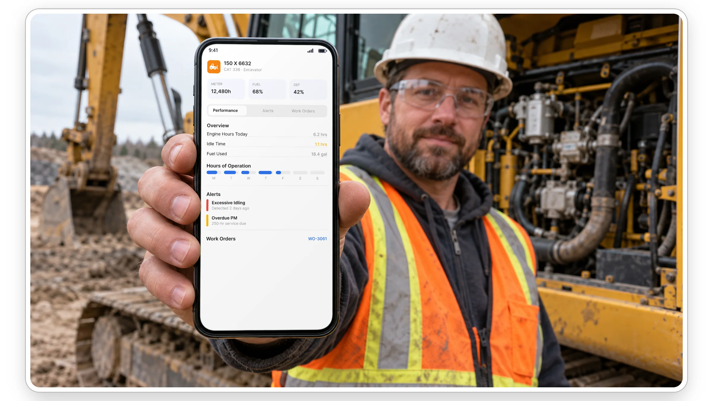 Technician checking an excavator's engine hours, idle time, fuel and alerts in the Clue mobile app