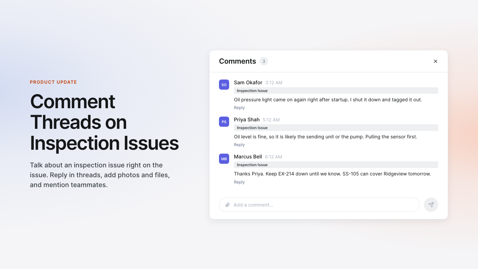 Comment Threads on Inspection Issues: comments panel with three threaded replies on an inspection
