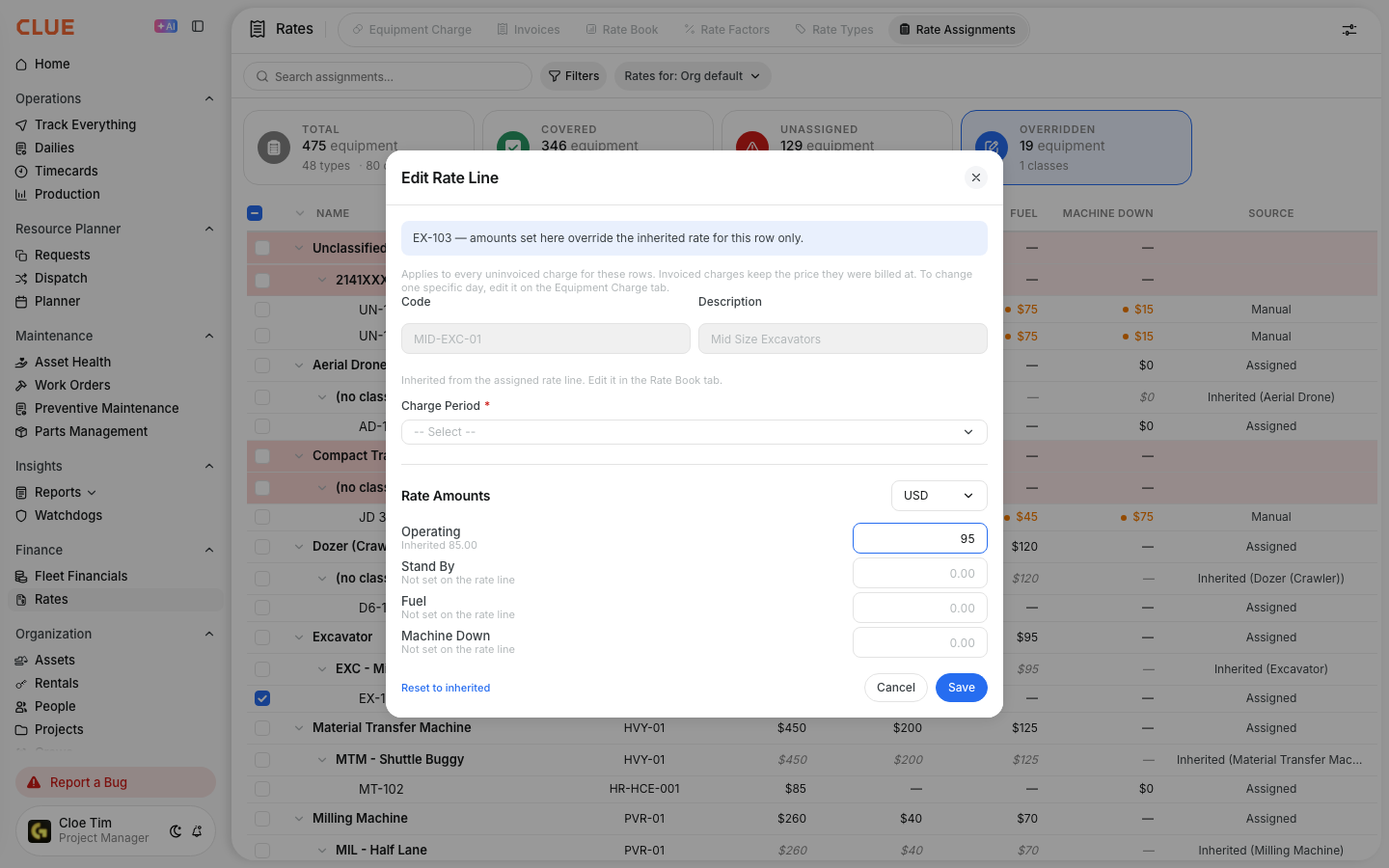 The Edit Rate Line window with an Operating amount typed in