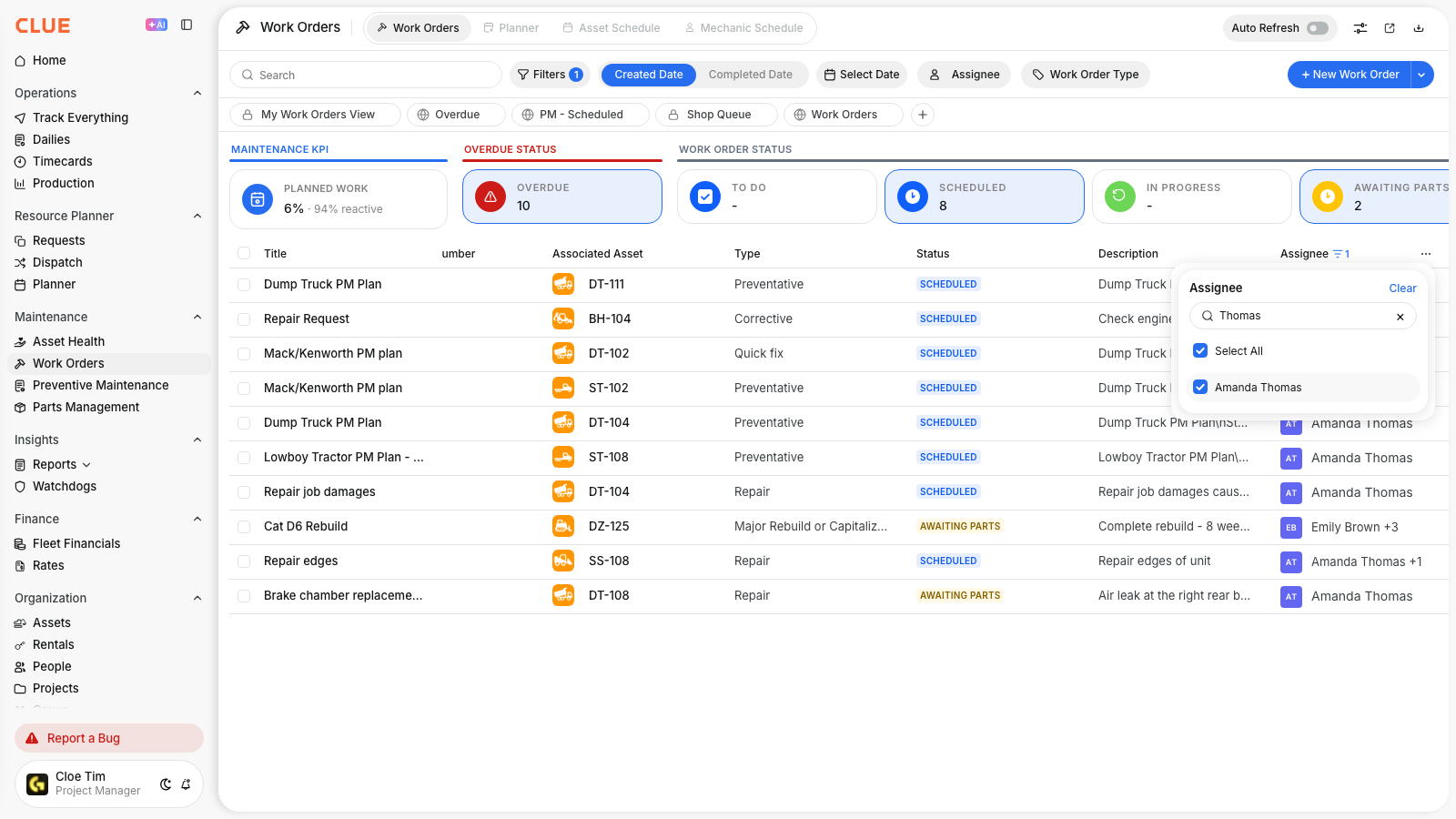 Assignee column filter open with one name ticked