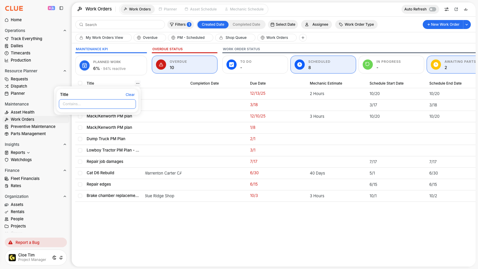 Title column filter with a Contains search box