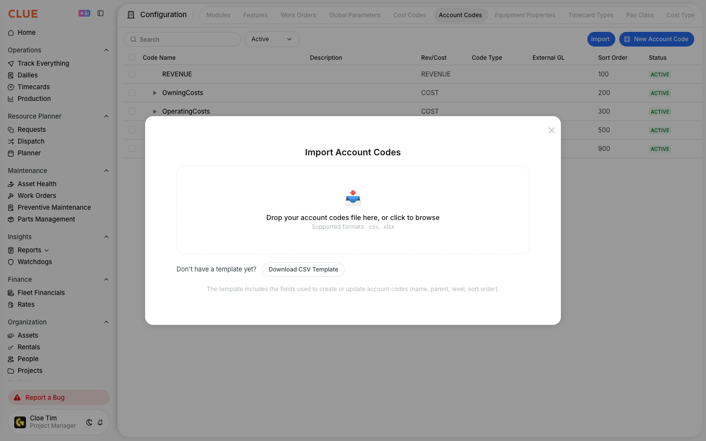 Import Account Codes window with the upload area and Download CSV Template button