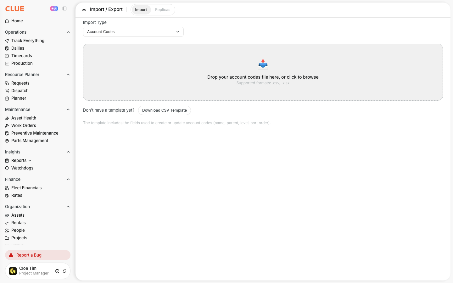 Import / Export page with Account Codes selected as the import type