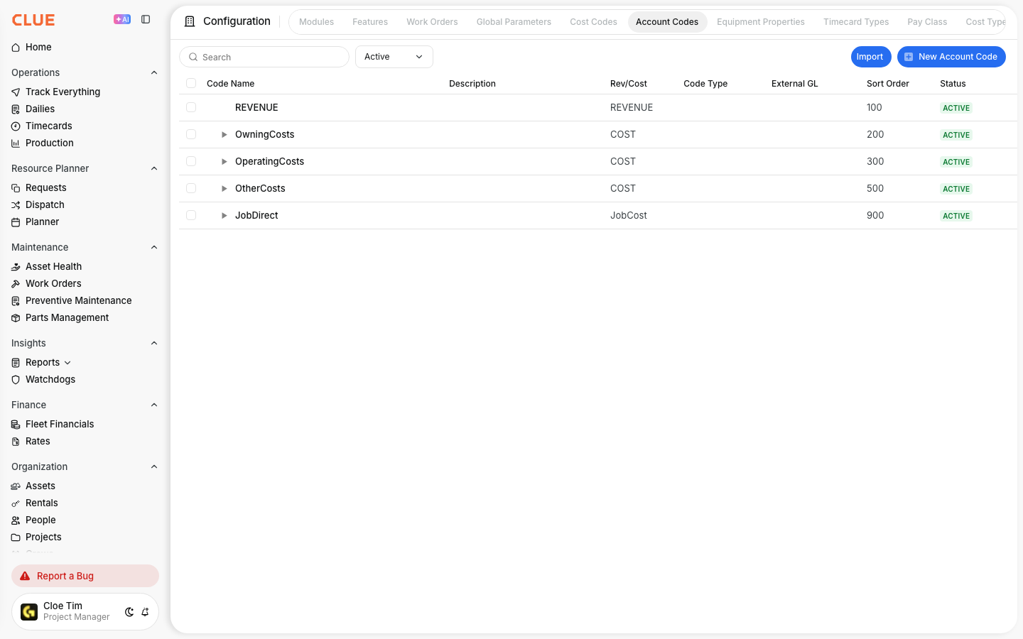 Account Codes page with the Import button next to New Account Code