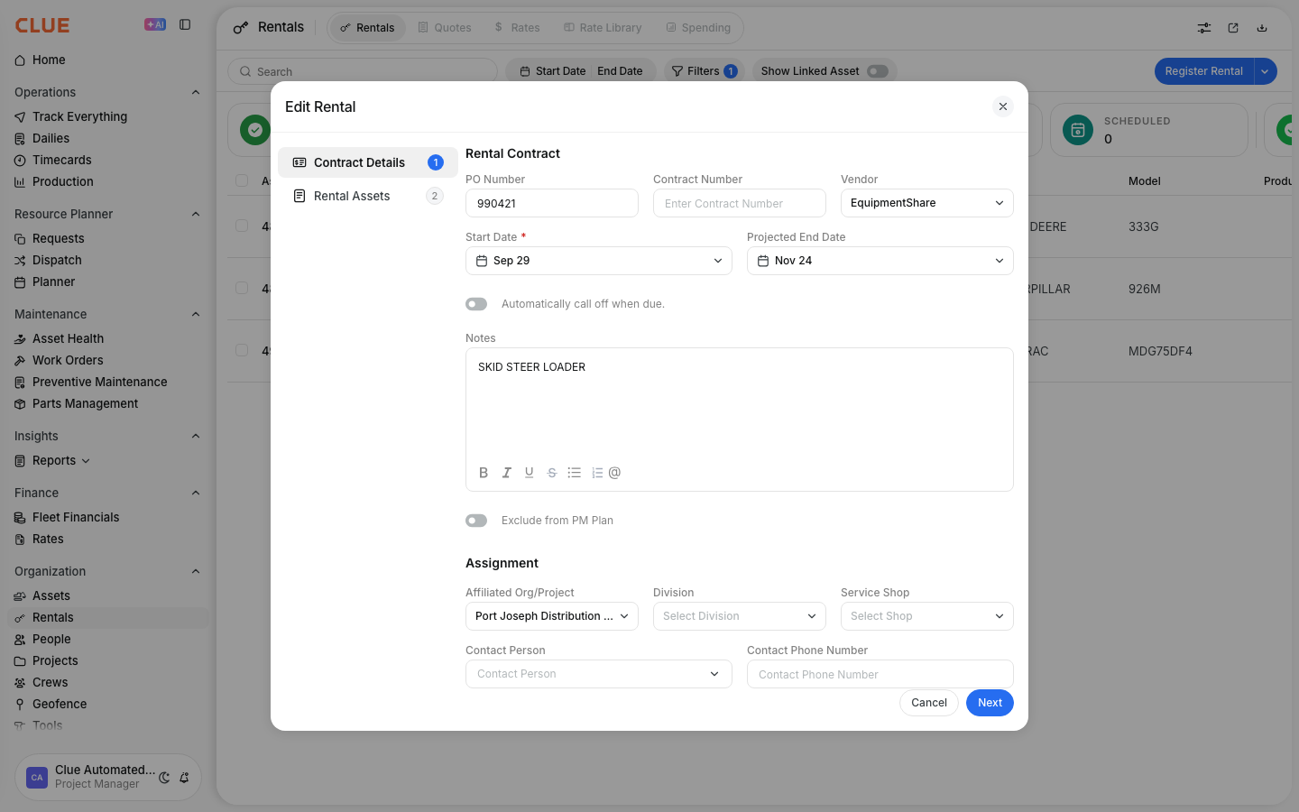 Contract details with the PO, vendor EquipmentShare, dates and project