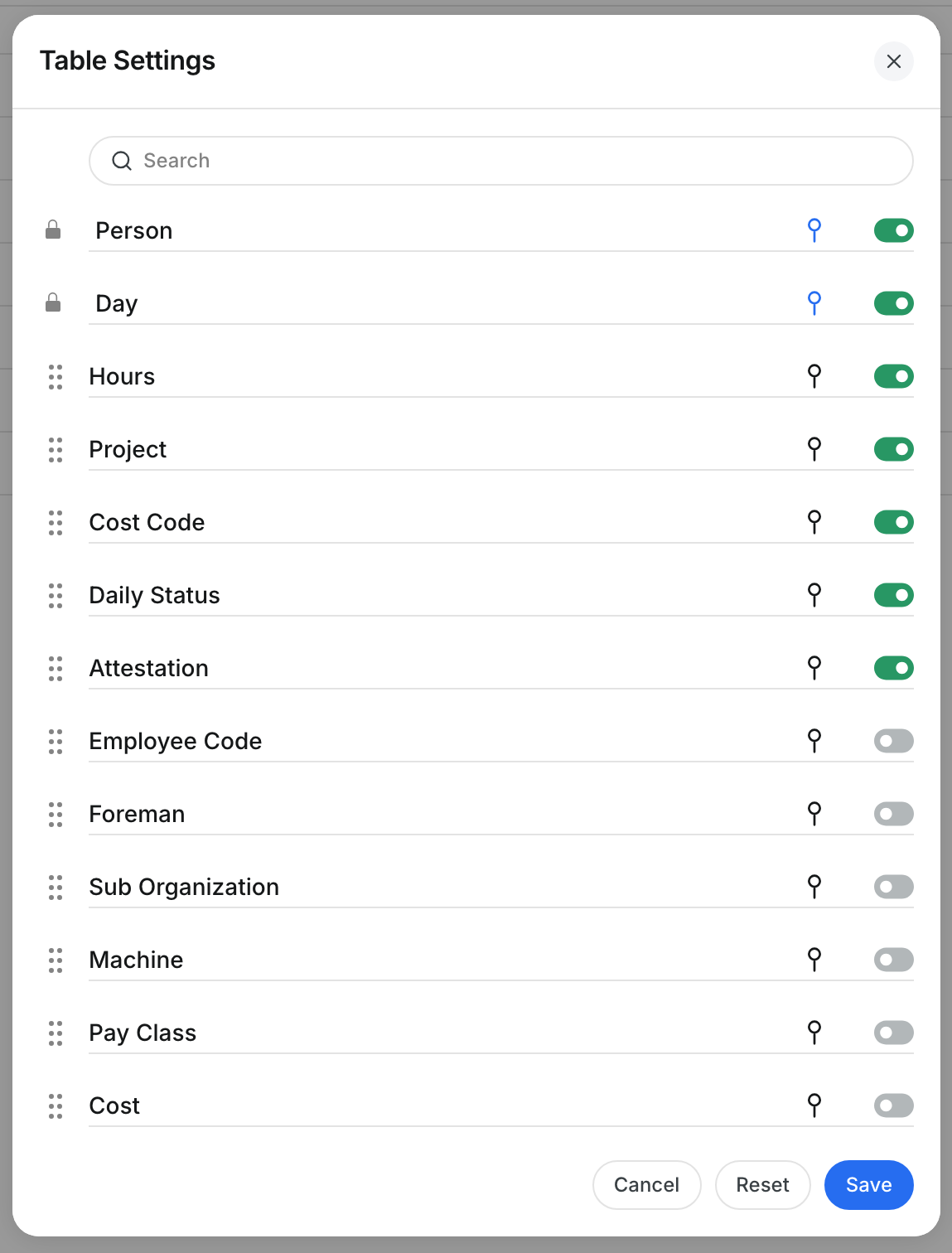 Table Settings with the optional columns of the Hours tab