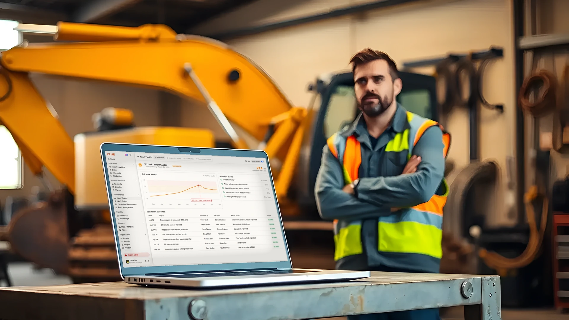 Maintenance supervisor in a shop next to a laptop showing a wheel loader's risk score history and predictive readiness checks in Clue.