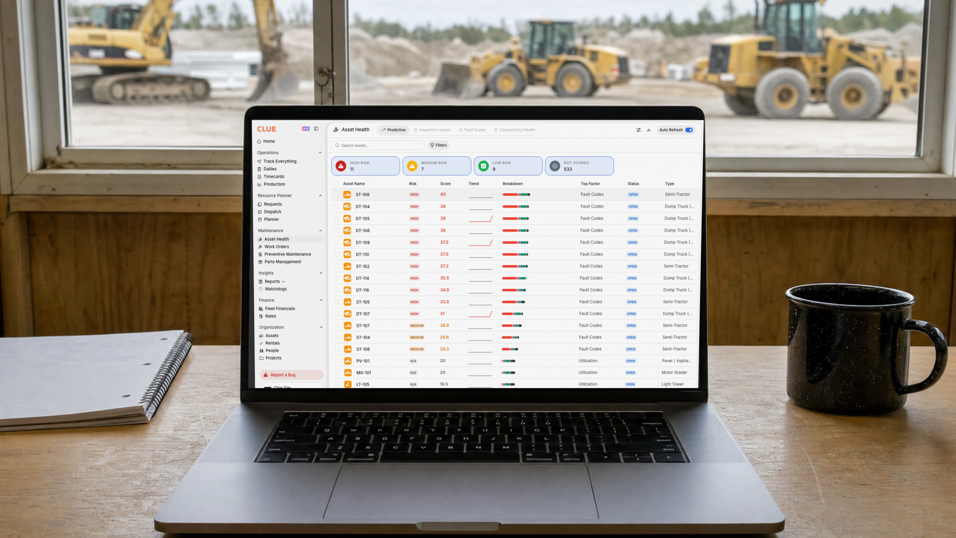 The Clue Asset Health dashboard open on a laptop in a jobsite office, with an excavator and wheel loaders in the equipment yard outside the window