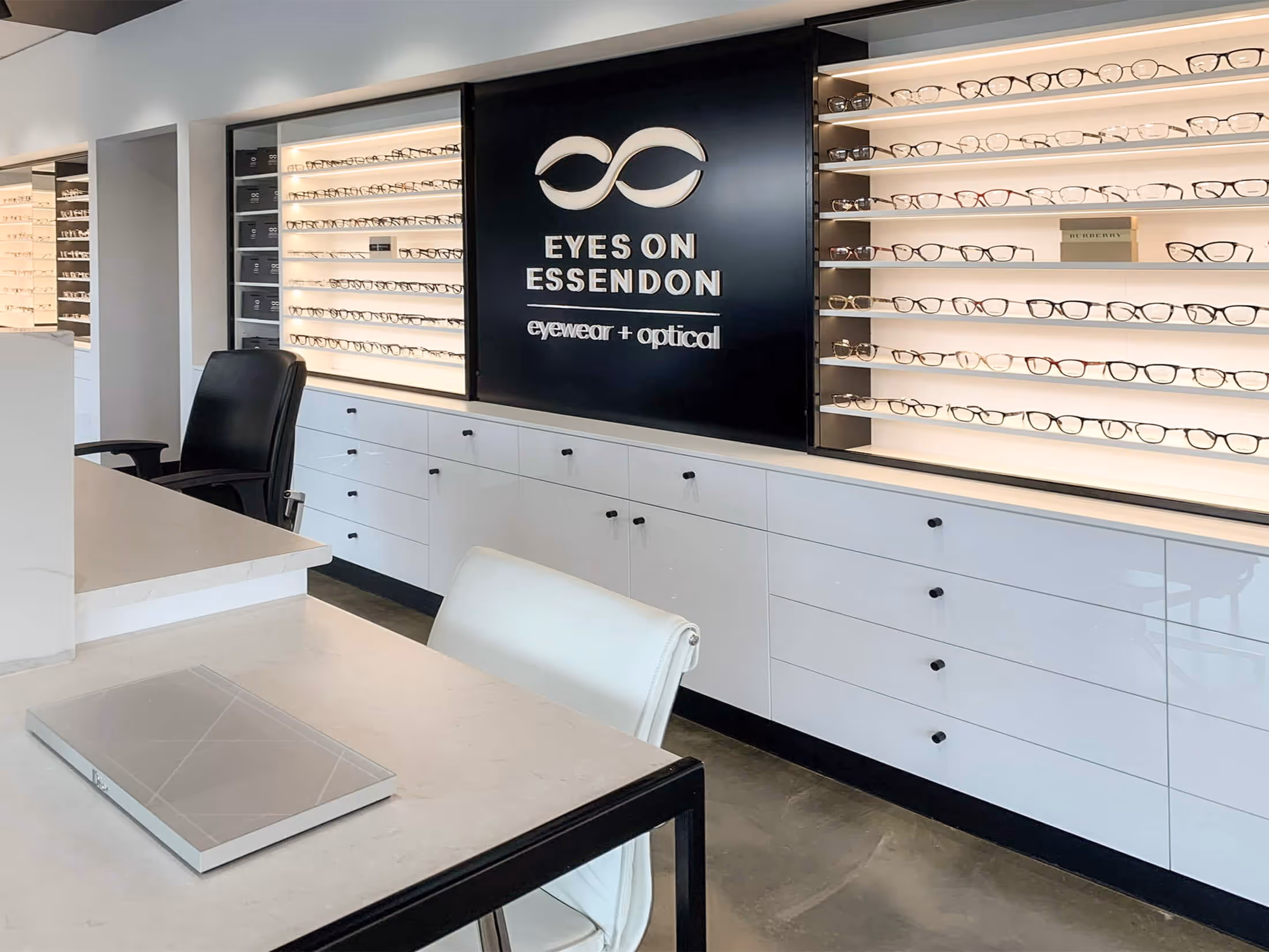 Eyes on Essendon shop fitout with glasses on shelves