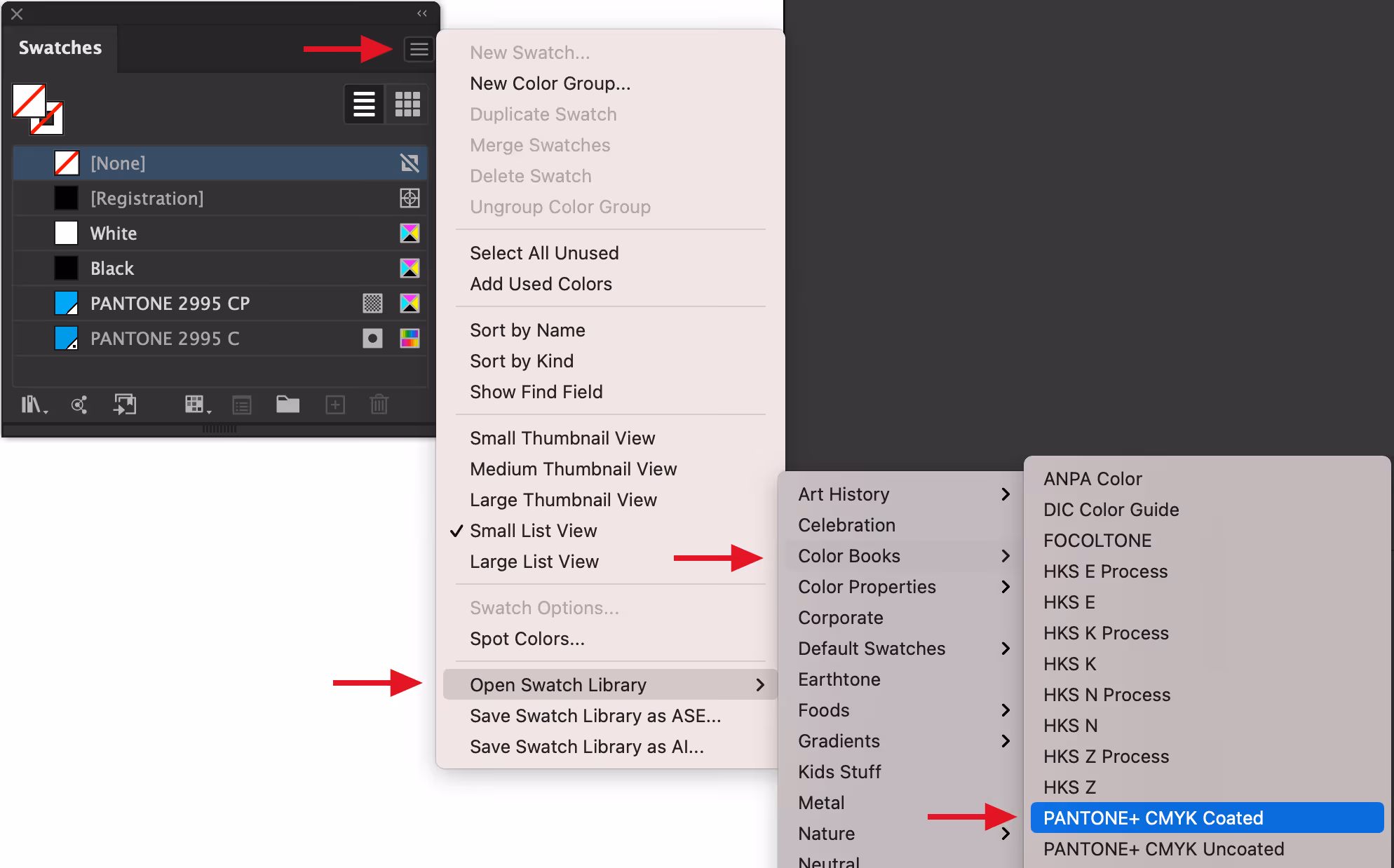 Menu for opening color books in Adobe Illustrator