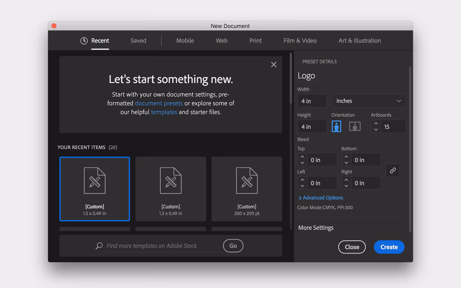 New document window in Illustrator
