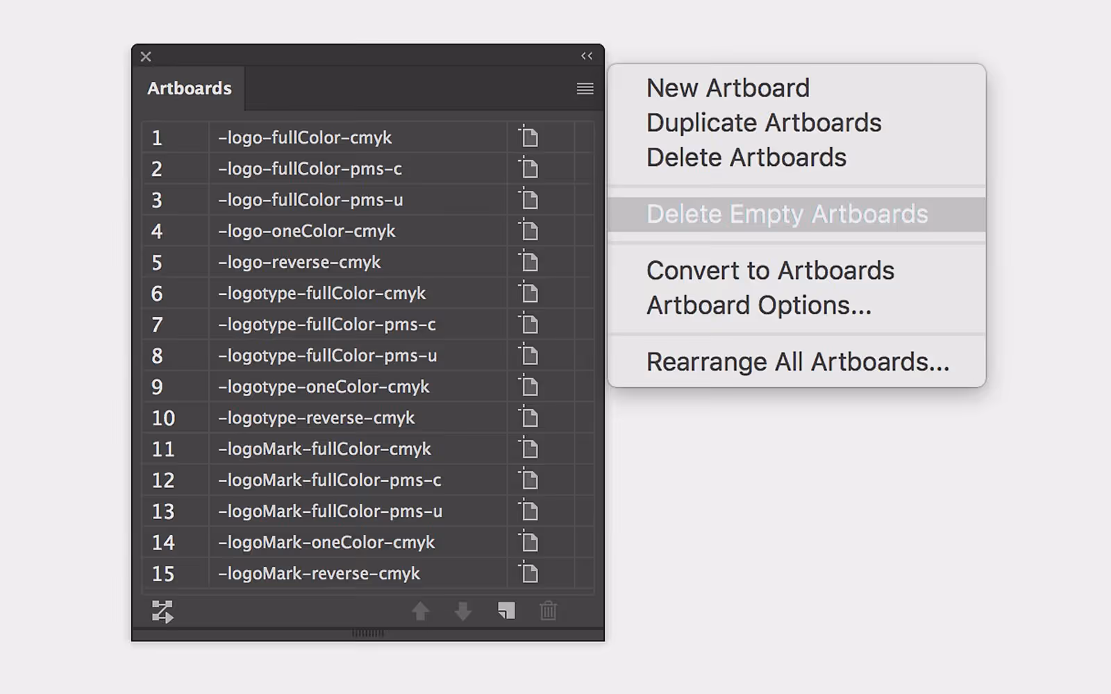 Artboards panel flyout menu displaying Delete Empty Artboards