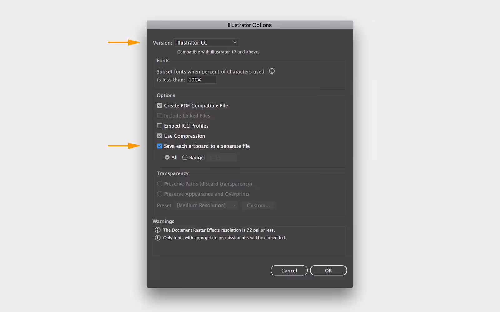 Illustrator Options panel