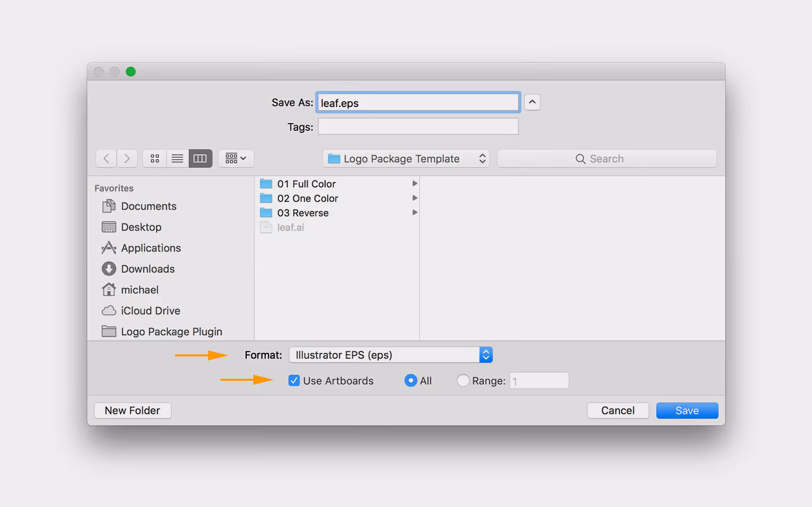 Save As EPS window with Use Artboards checked