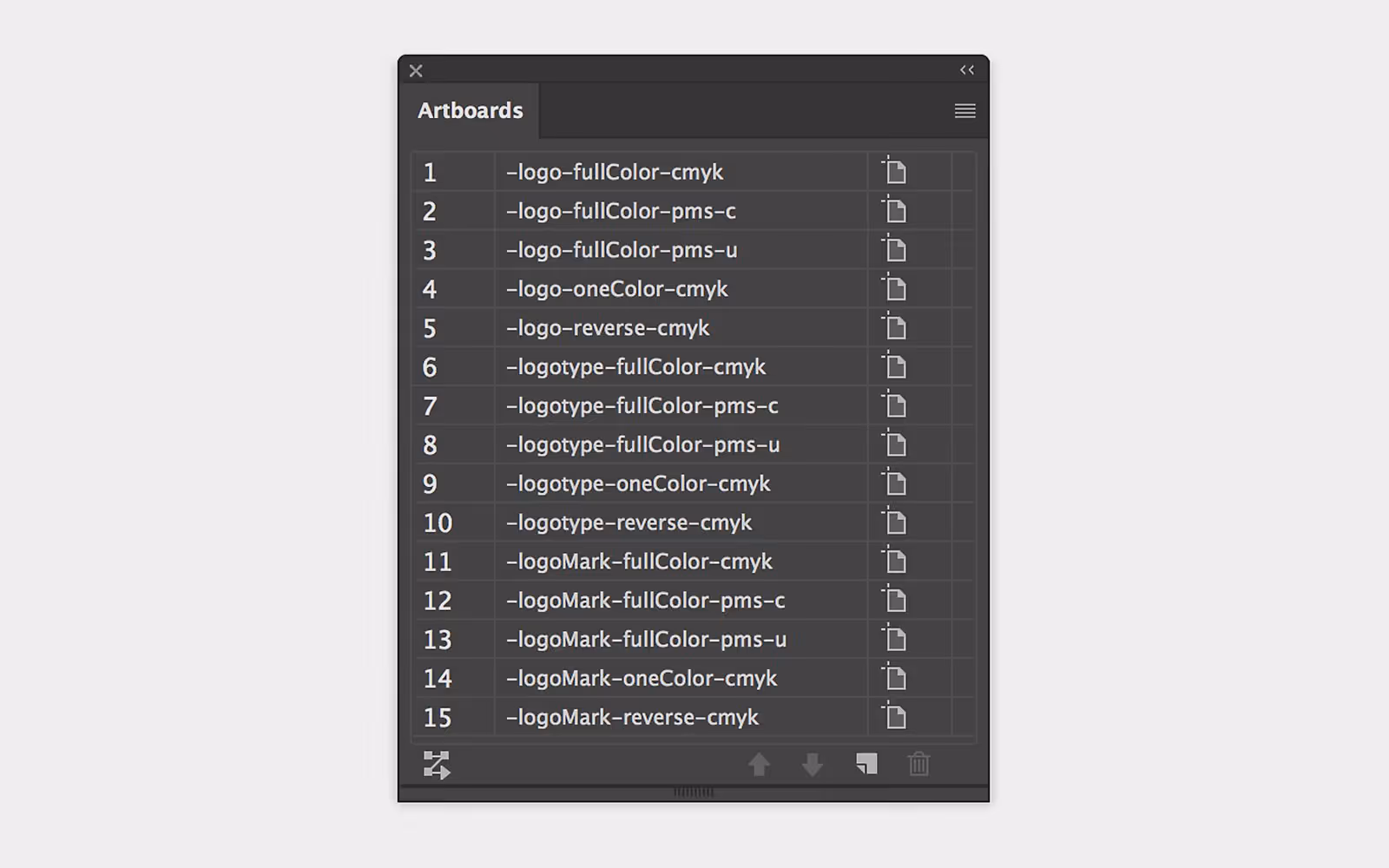 Artboard panel with artboards labeled using logo file naming convention