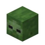 Green pixelated zombie head from a voxel-style video game on a white background.