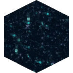 Animated hexagonal starfield pattern with small glowing blue and green particles on a dark background.