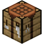 Minecraft crafting table block with wooden textures and grid pattern on top.