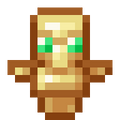Pixelated beige totem figure with green eyes and outstretched arms on a brown background.