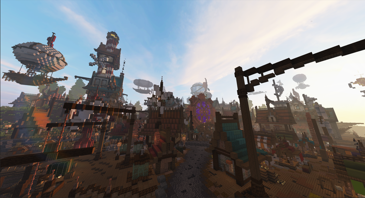Minecraft steampunk village with airships, tower structures, and cobblestone streets at sunset.