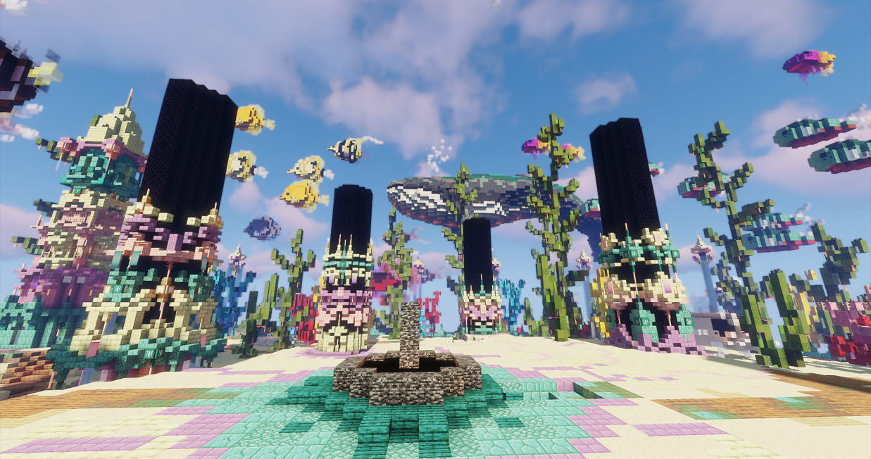 Colorful pixel-art underwater scene with tall towers, coral-like plants, and floating fish shapes.
