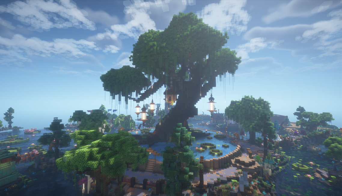 Large block-style tree with hanging lanterns over a pond in a blocky landscape under blue sky.