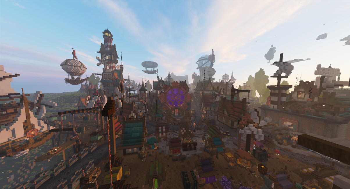 A Minecraft scene depicting a busy steampunk city with airships, towers, and market stalls under a cloudy sky.