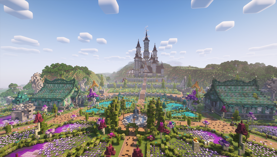Minecraft-style landscape with gardens, purple flowers, two green-roofed buildings, and a tall castle in the background.