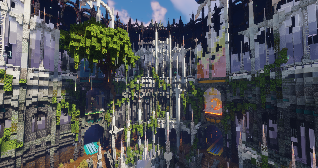 Intricate Minecraft build of a cavernous fantasy castle interior with vines and glowing lights.