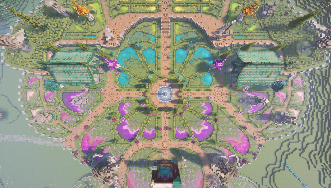 Bird's-eye view of a colorful symmetrical garden with fountains, paths, and green and purple landscaping.