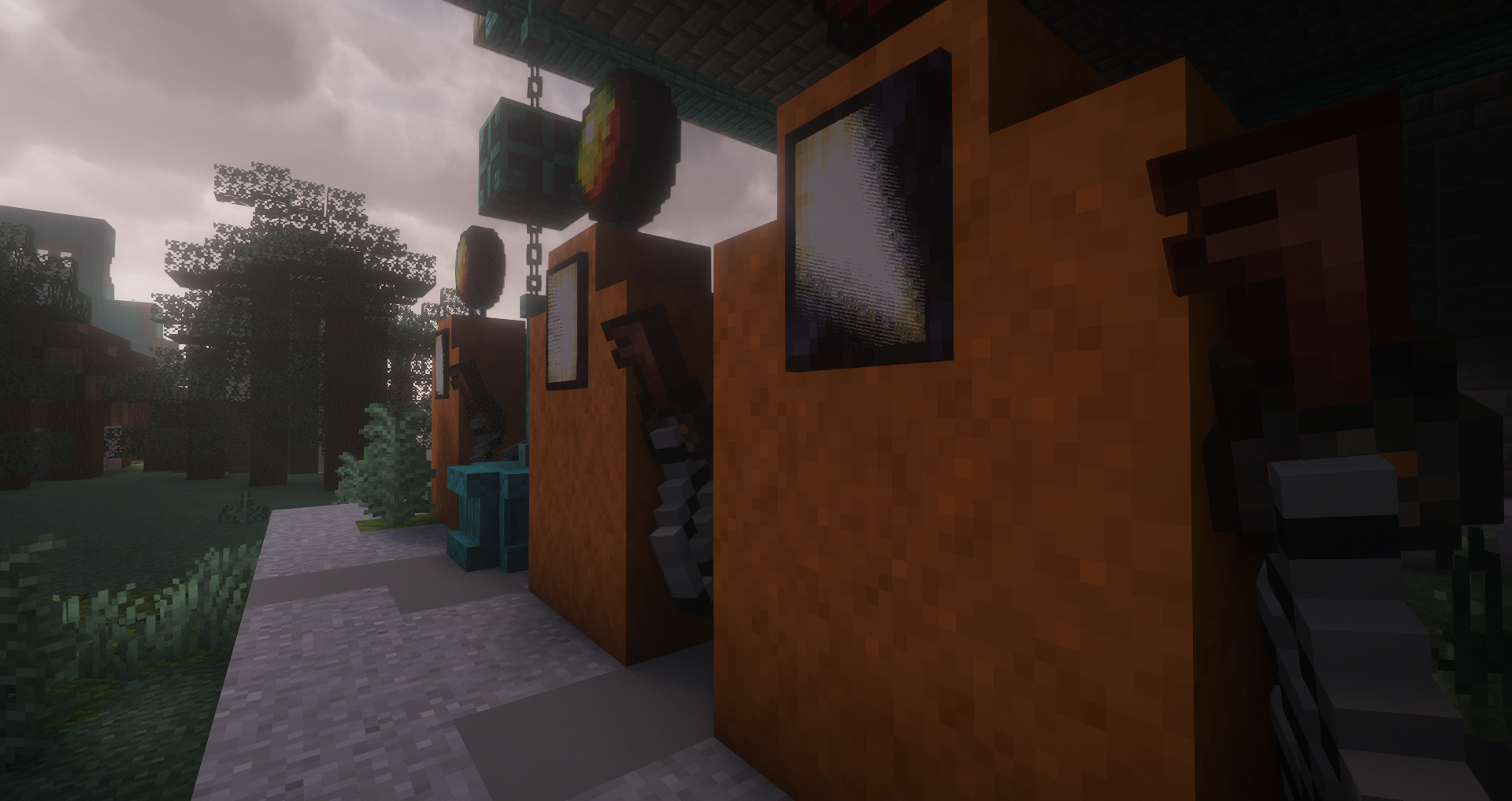 Pixelated gas pumps under a canopy beside a pixelated forest landscape in a video game style.