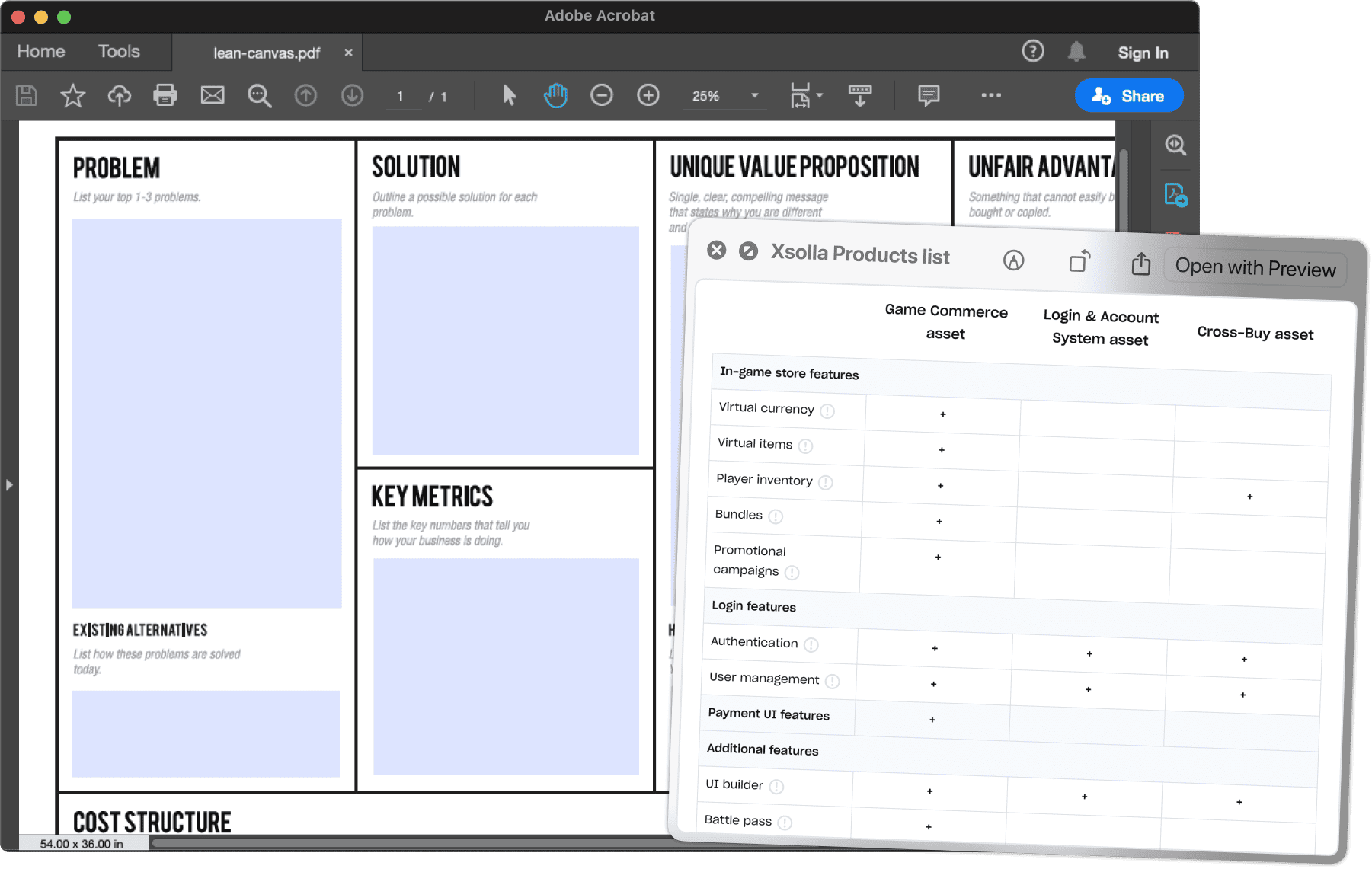 A screenshot of lean canvas pdf and a list of Xsolla products