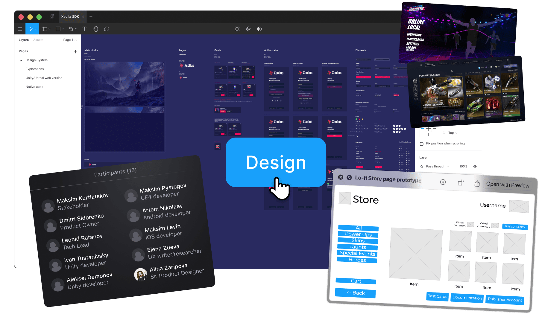 A screenshot of designs in Figma with participants, prototypes and UI references