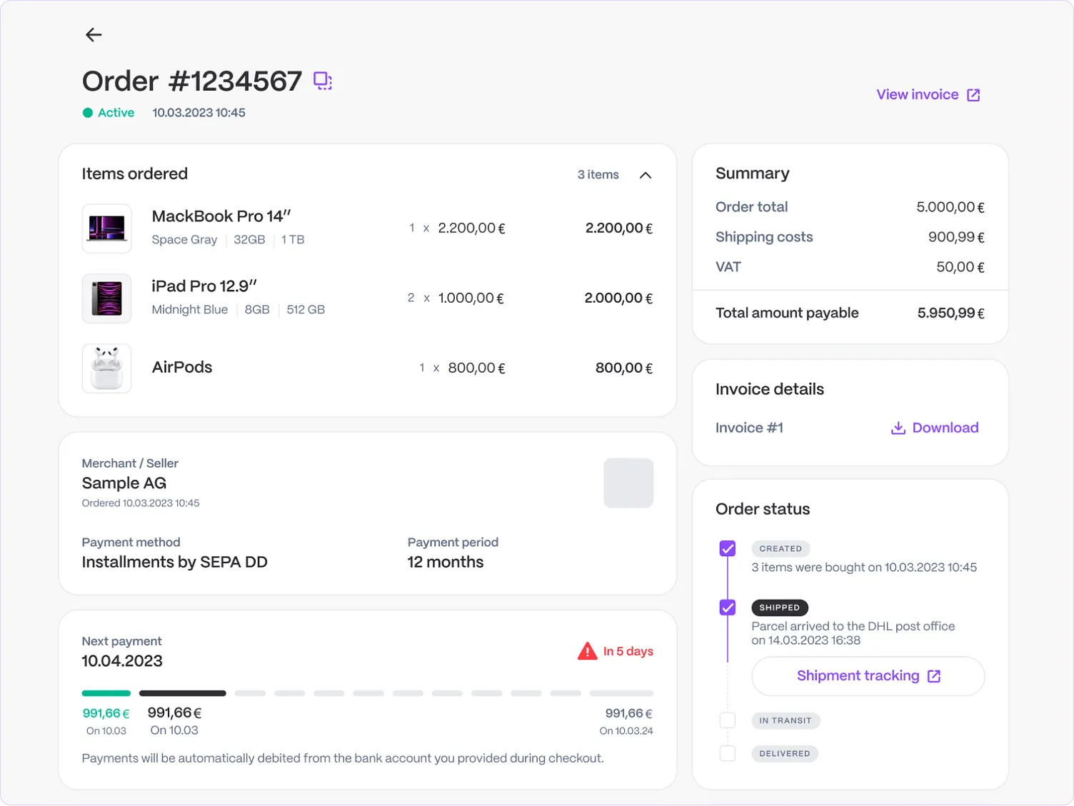 An invoice design page