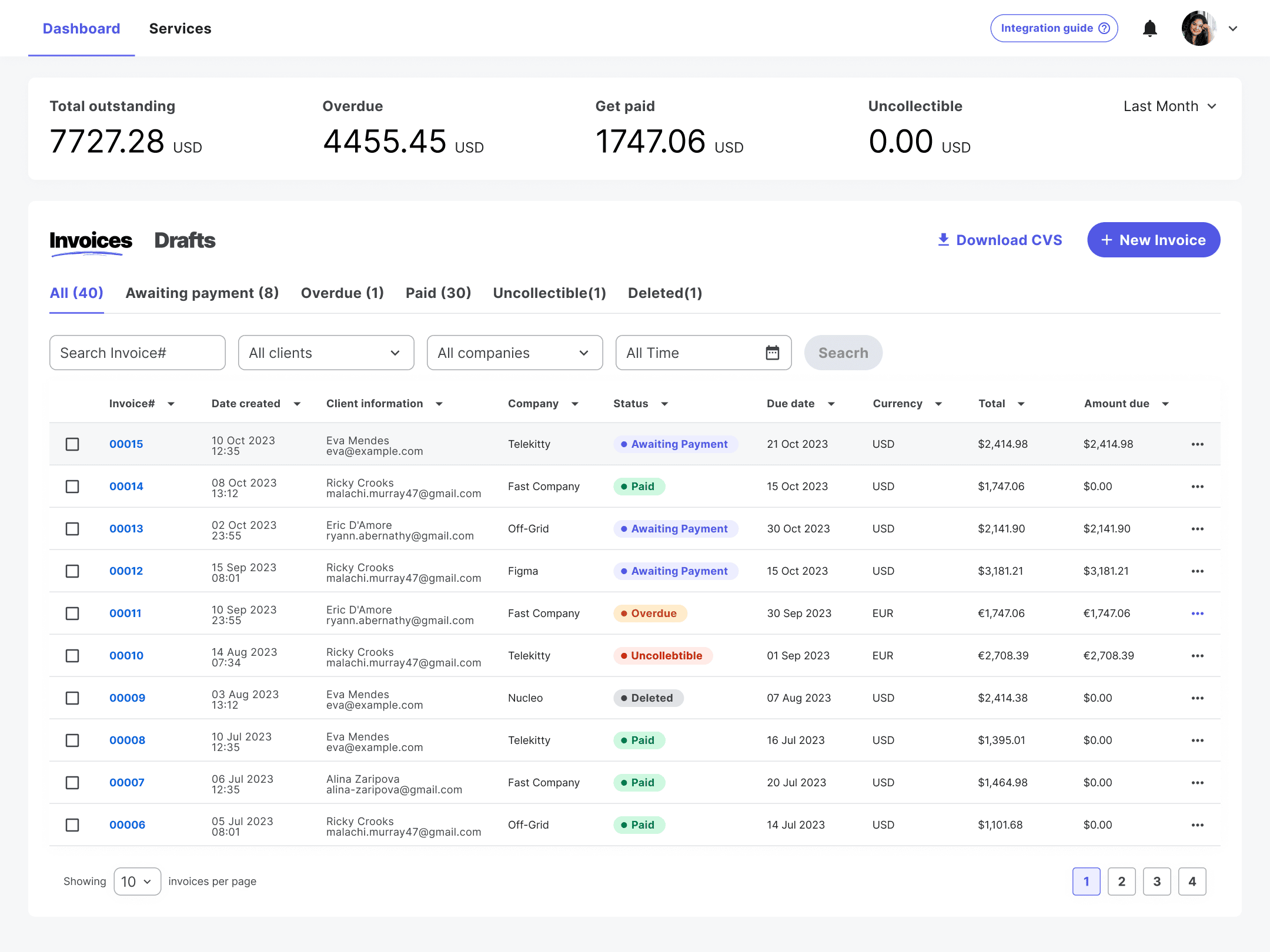 A dashboard design with list of invoices data