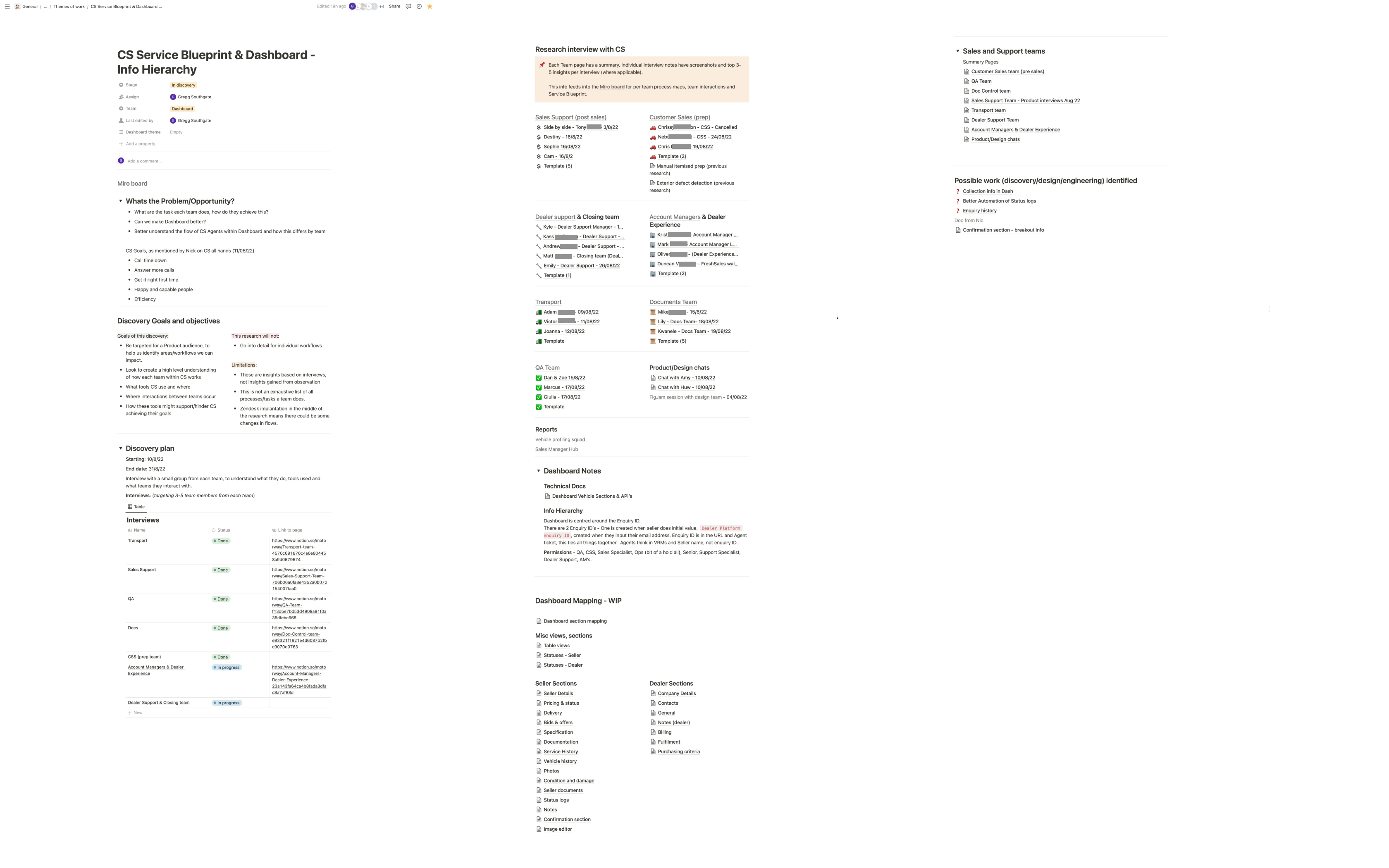 Service design research plan and working document used to capture insights across the project.