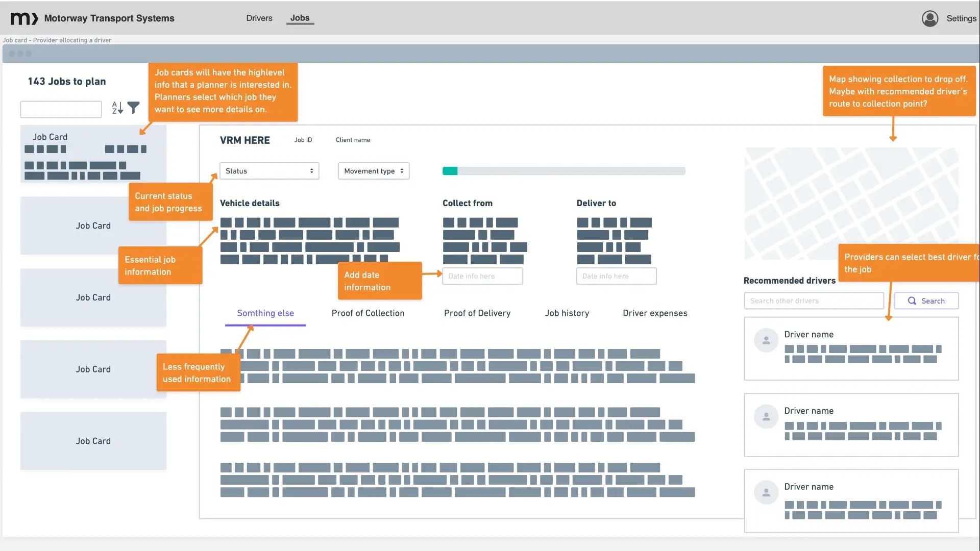 Low-fidelity job management wireframe