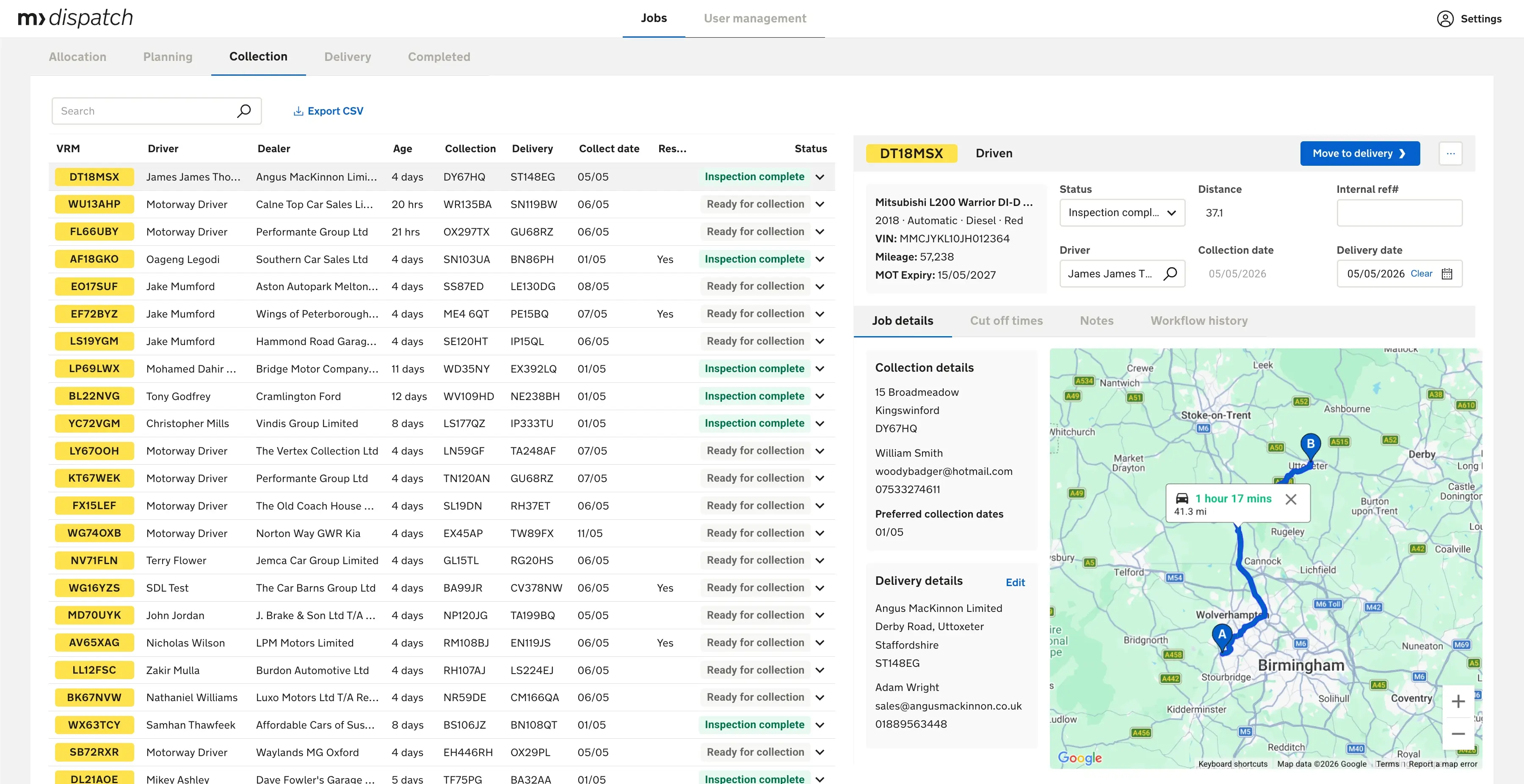 Job details screen during the dispatch collection stage