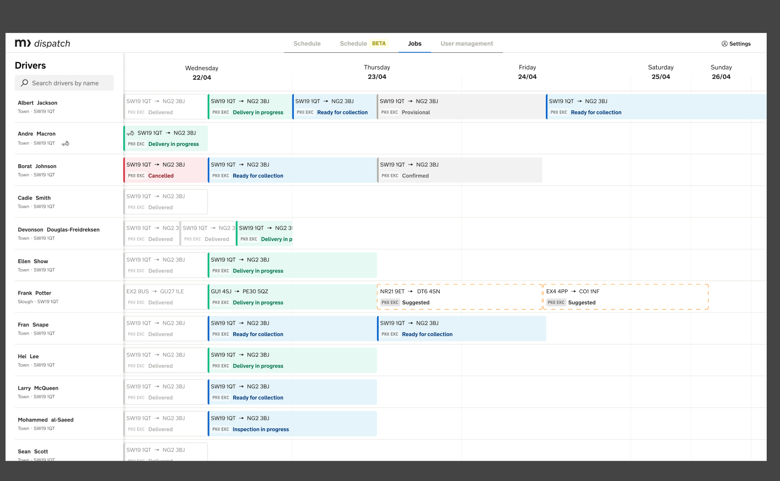 Schedule view with colour-coded job statuses