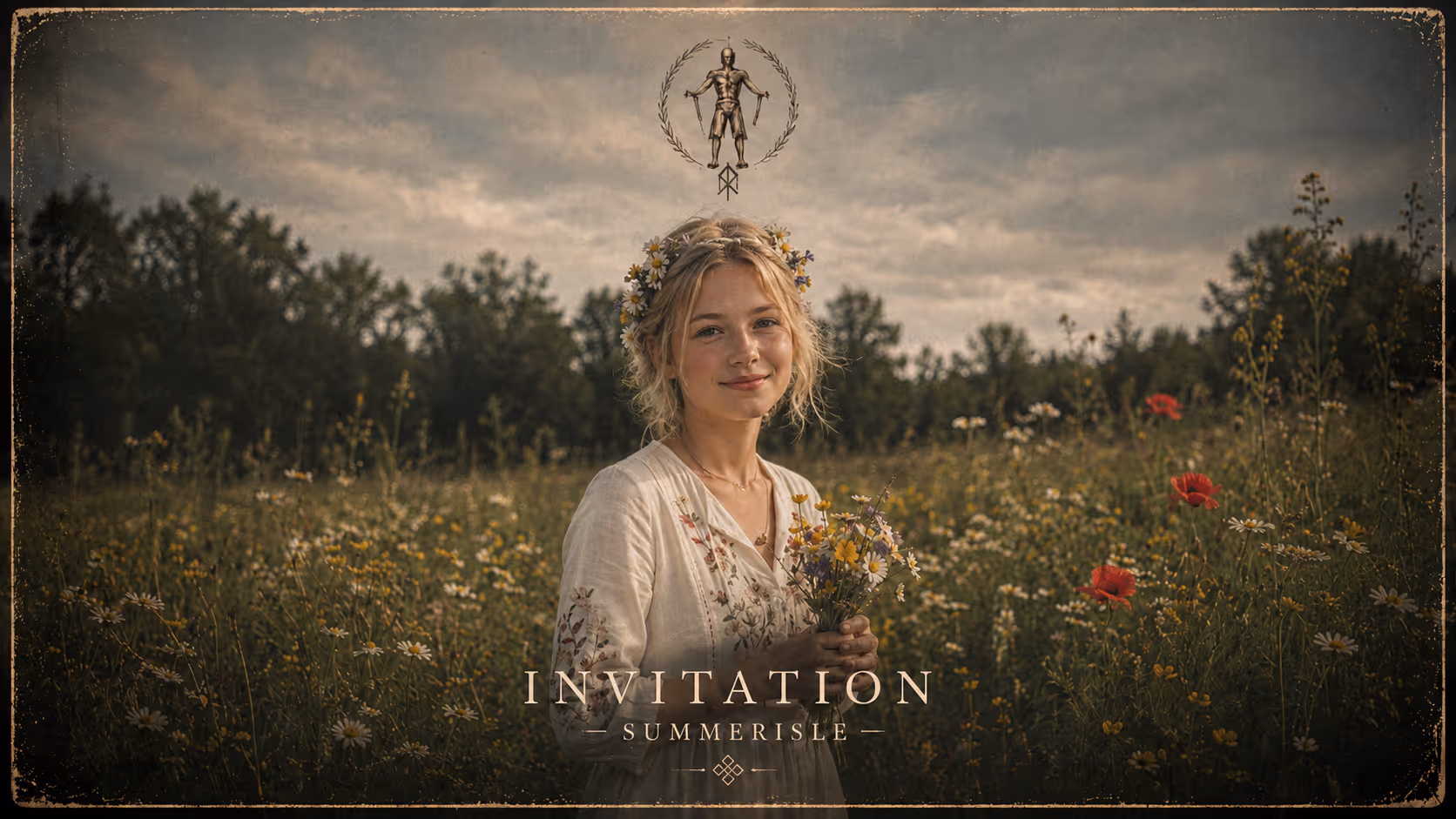 Smiling woman in floral dress and flower crown holding wildflowers in a meadow under a cloudy sky.