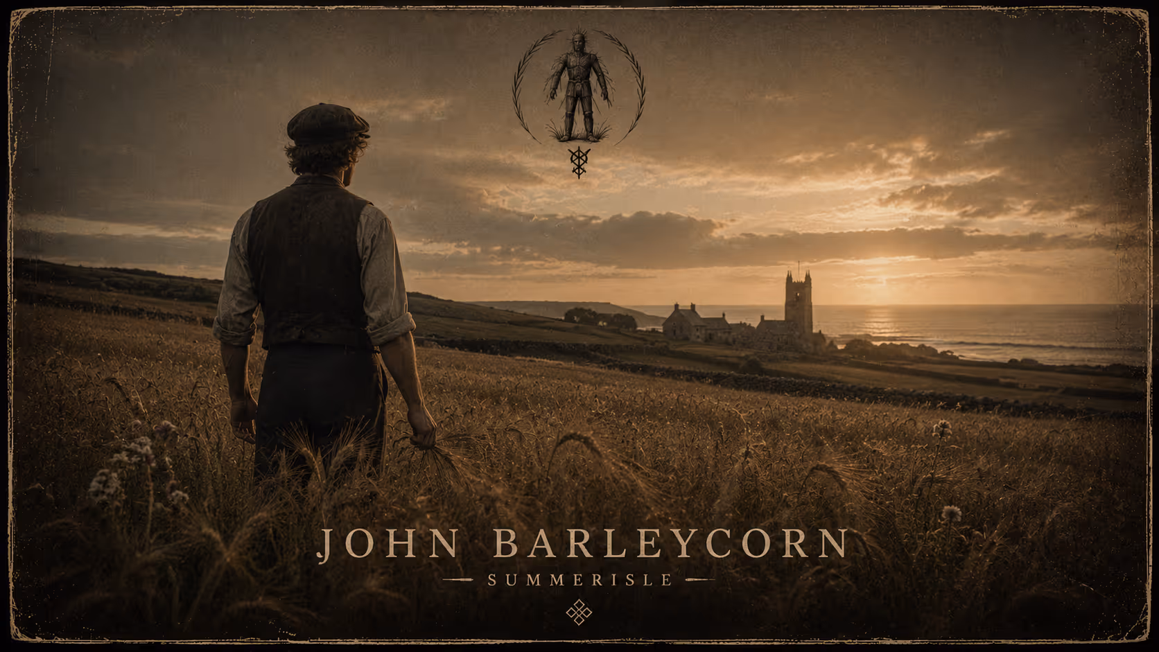 Man in old-fashioned clothes stands in a barley field overlooking a coastal village at sunset.