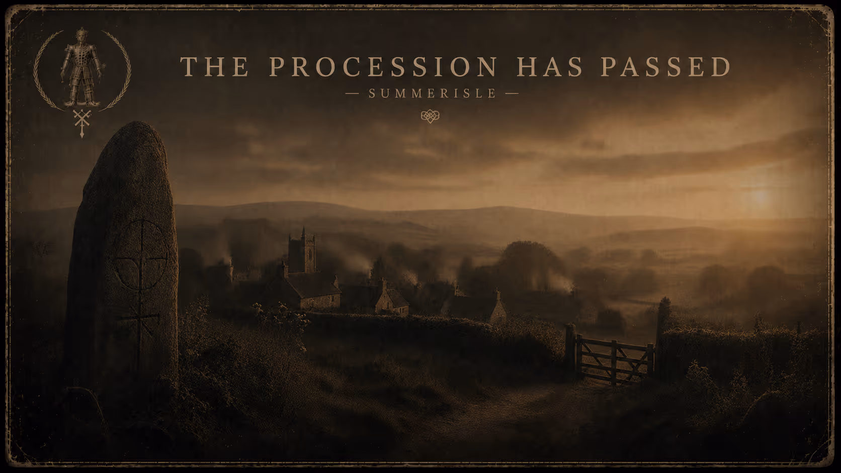 Sepia-toned rural landscape with stone monolith, village church, and sunset sky titled The Procession Has Passed.