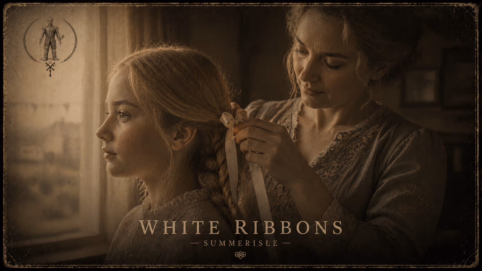 Woman tying white ribbons on a young girl's braided hair near a window, vintage style.