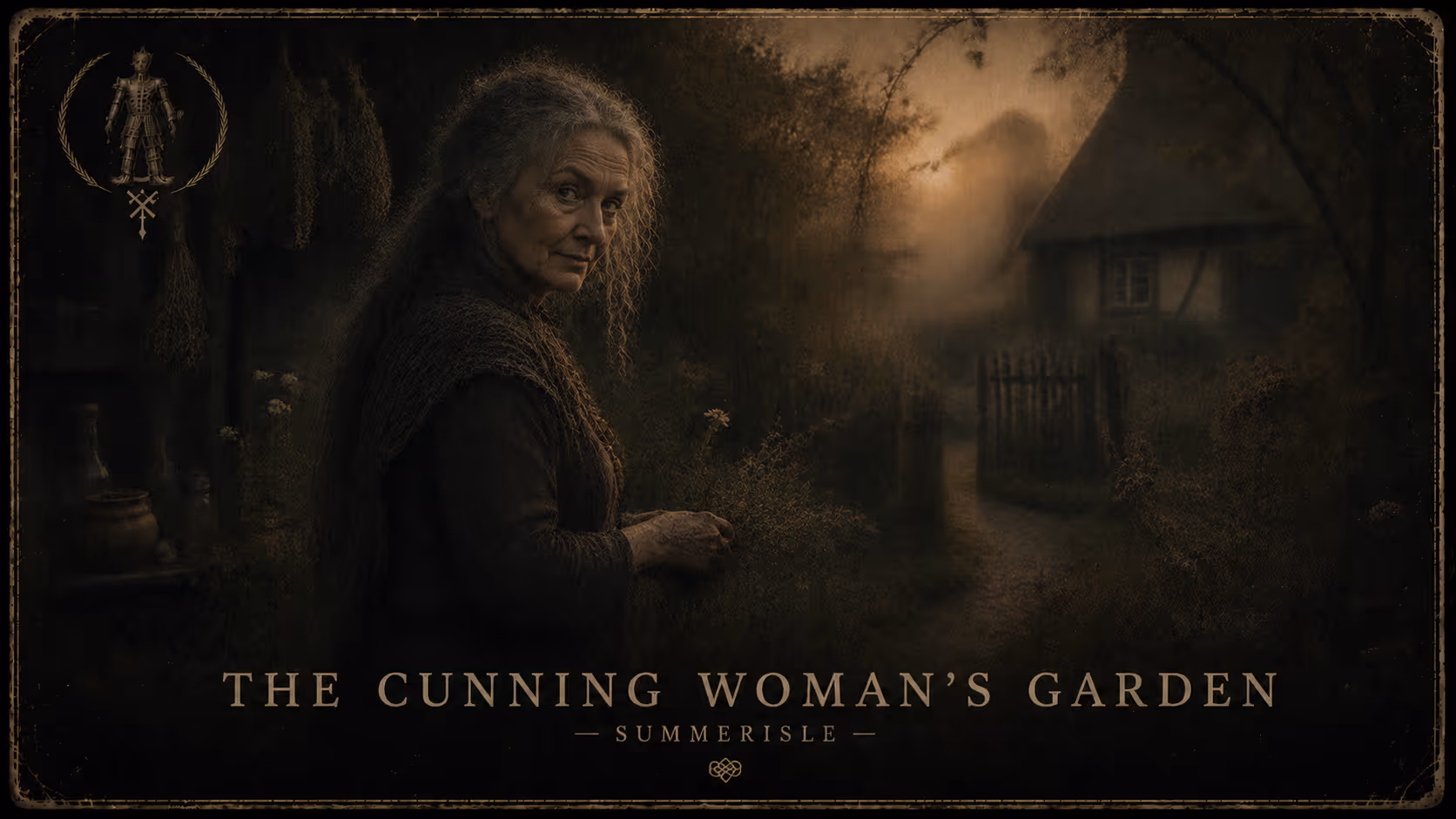 Elderly woman with long gray hair stands in a dark garden near a rustic house at dusk.