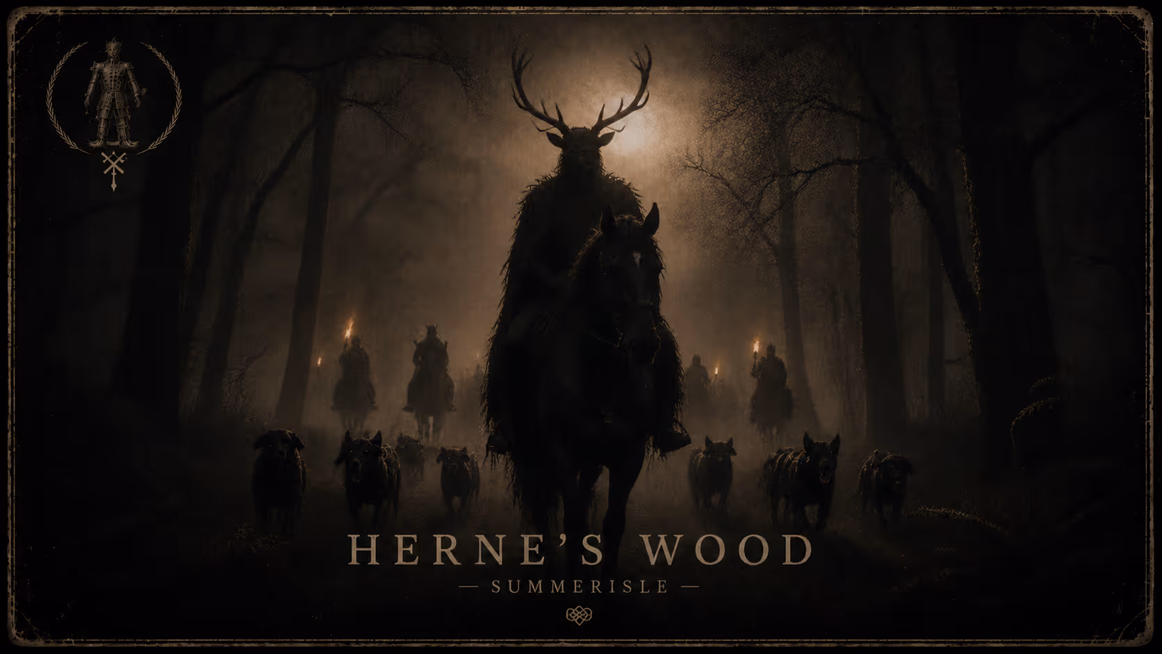 Dark forest scene with a figure wearing antlers on horseback, surrounded by riders and dogs, title Herne's Wood.