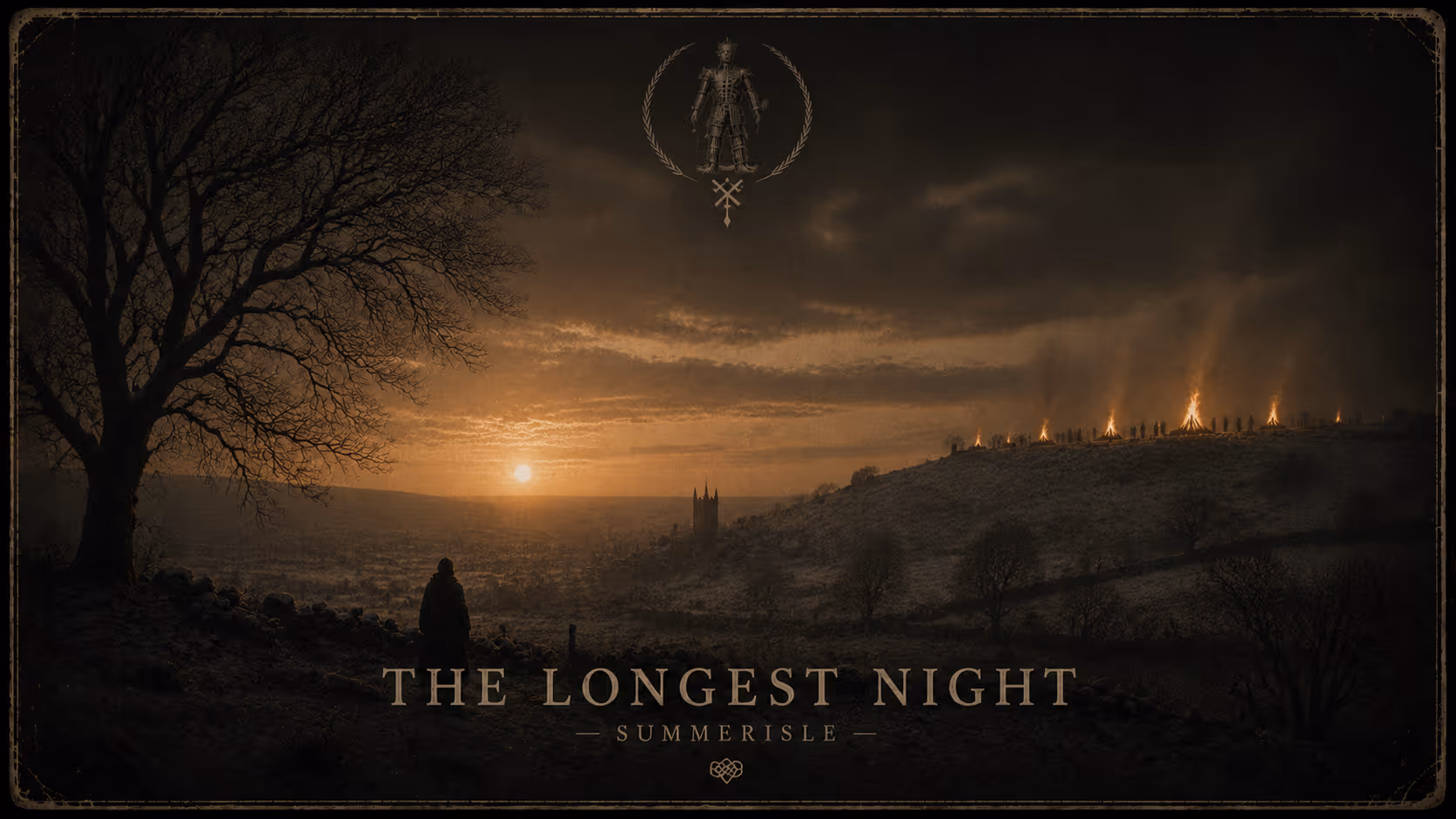 Sunset over a valley with a figure near a tree and bonfires on a hill, text reads The Longest Night.