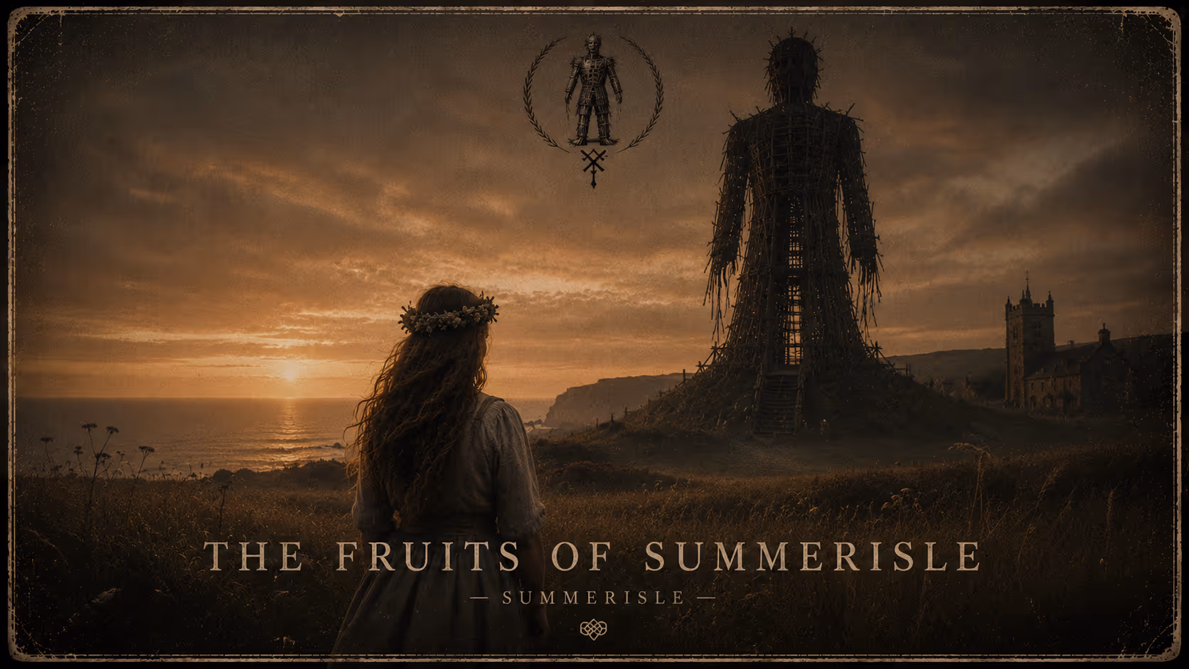 Woman with a floral crown looks at a large wooden wicker figure at sunset by the sea.